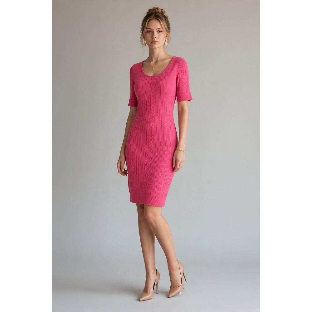 NEW Giorgio Sedra Pink‎ Wool Cotton Cable Knit Sweater Dress XL Barbiecore Pink